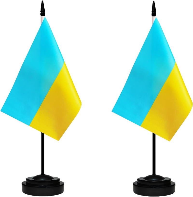 tibijoy Ukraine Flags Ukrainian Desk Flags Set Small Mini Ukraine Flags Table Flag with 13" Black Pole, Black Base and Spear Top, Miniature Ukrainian Deluxe Desktop Flag, Home Decoration, Office Decoration, - Image 2